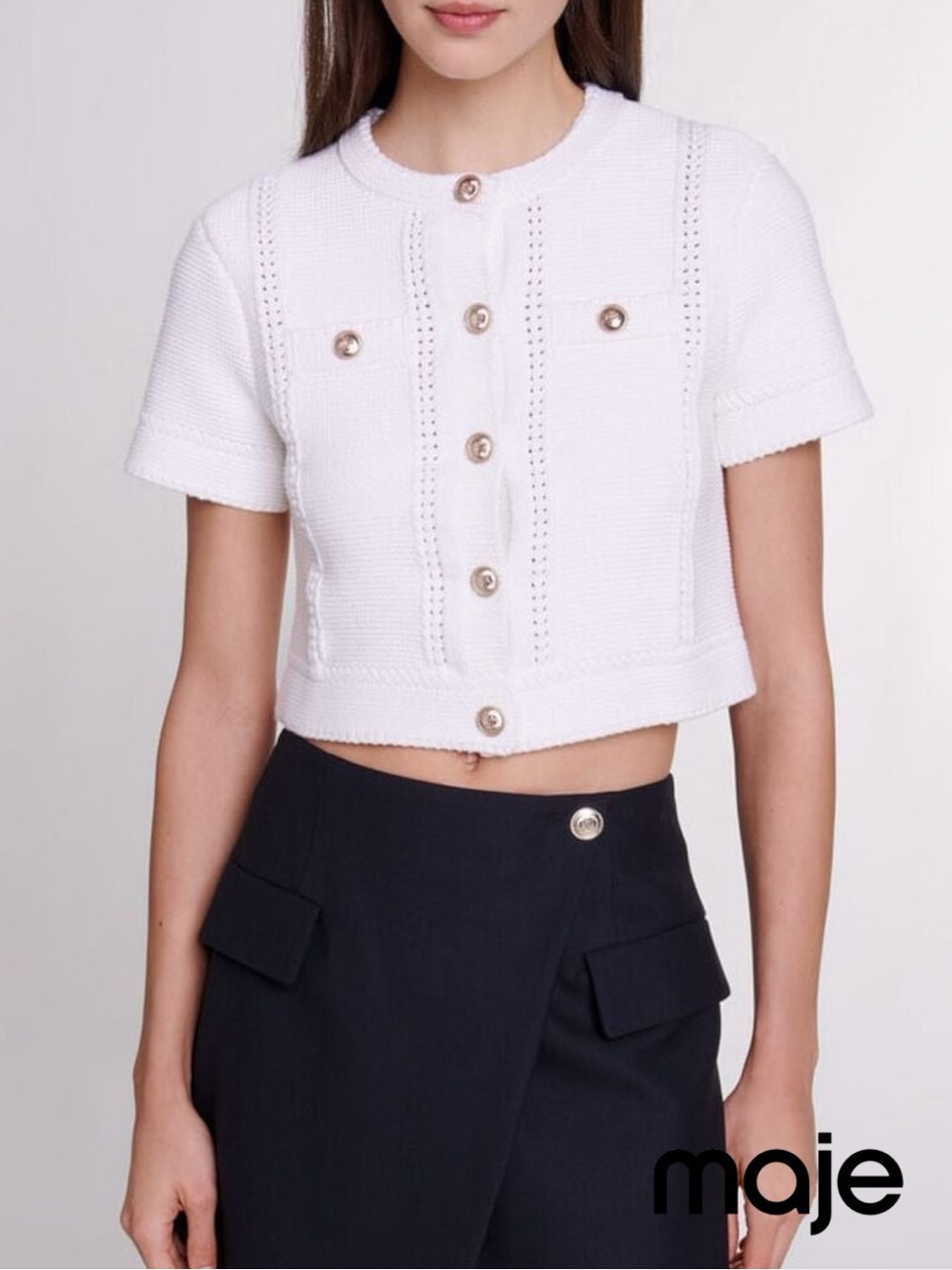 Majè **NWT** Blanc Cropped Short Sleeve Cotton Knit Cardigan Cream/Gold Buttons